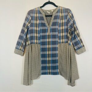 Oddi Plaid Blue Floral Mixed Print Tunic Top Boho Hippie Western Womens Sz M